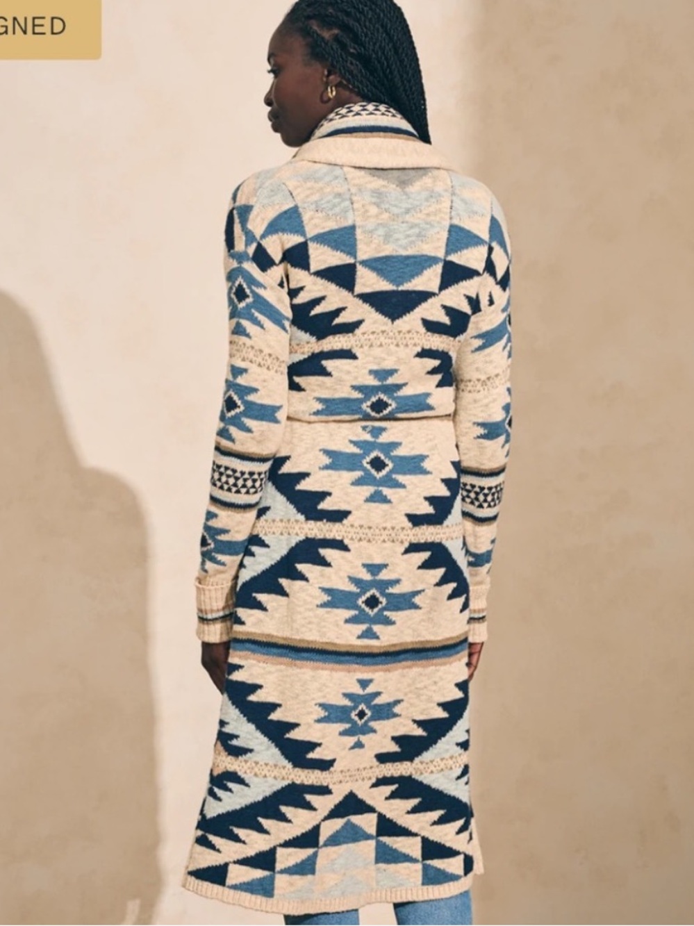 Faherty Cream and Blue Southwestern Knit Belted Cardigan - Picture 2 of 8
